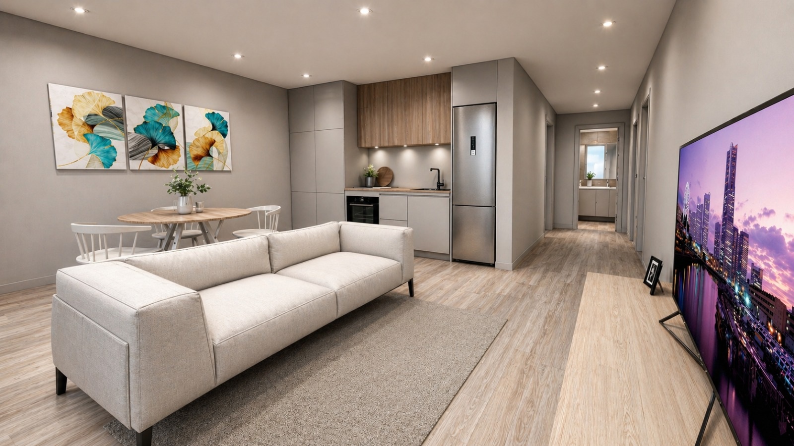 Render interior sala e cozinha do projeto